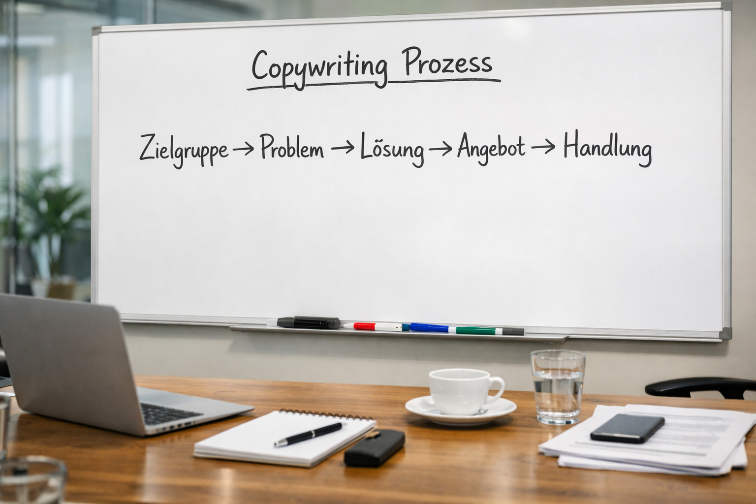 Copywriting Prozess: Zielgruppe → Problem → Lösung → Angebot → Handlung auf Whiteboard dargestellt
